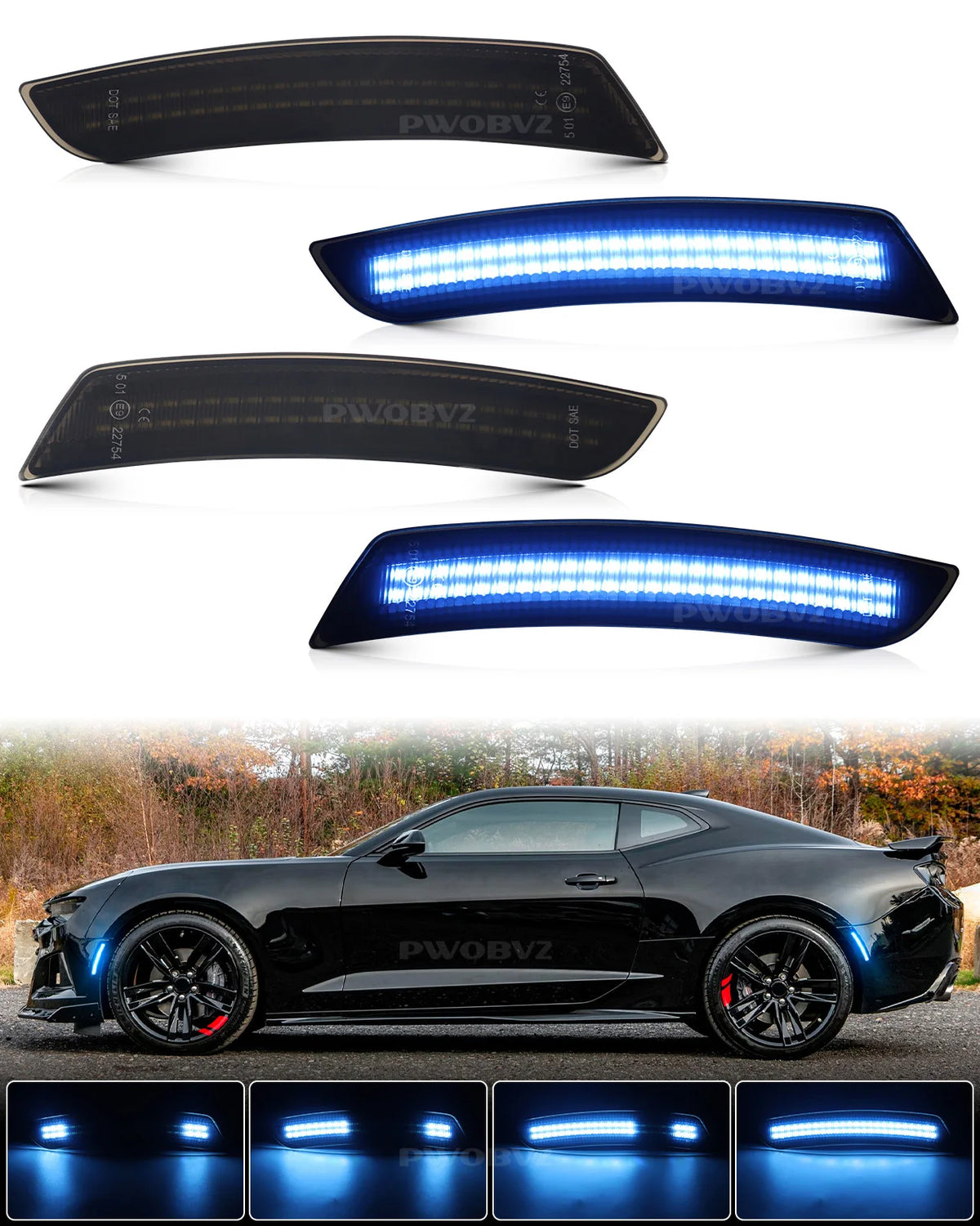 Four views of blue LED turn signal lights for a car, including close-ups and an installed vehicle.