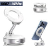 A white magnetic phone holder device shown in various configurations, including a stand and a clip for a smartphone.