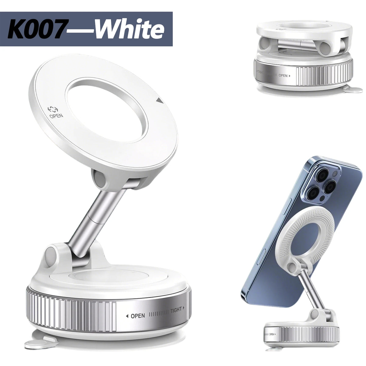 A white magnetic phone holder device shown in various configurations, including a stand and a clip for a smartphone.