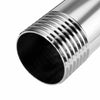 A close-up view of a polished stainless steel shower arm extension with ribbed threading.