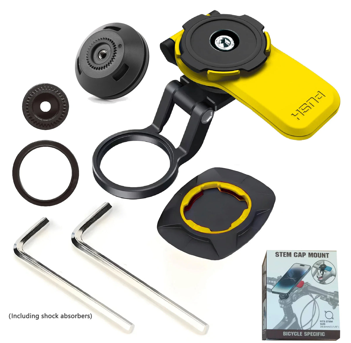 A set of universal motorcycle phone mounts including a yellow clamp, mounting plate, and stem cap mount.