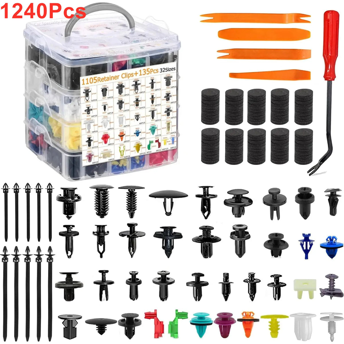 A collection of various universal car fastener clips and retainers in different colors and sizes.