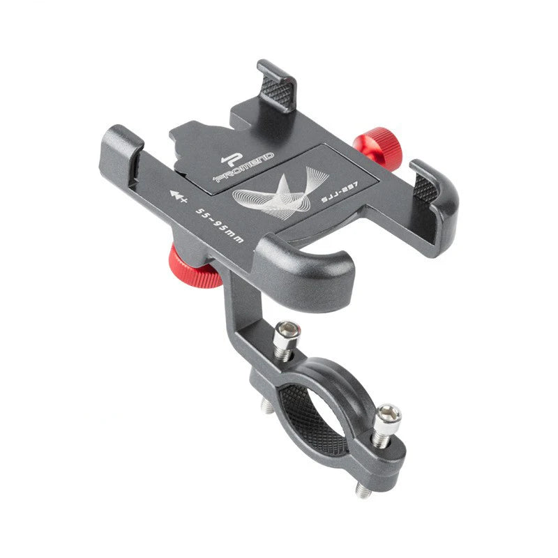 A black 360° adjustable aluminum phone mount designed for bicycles.