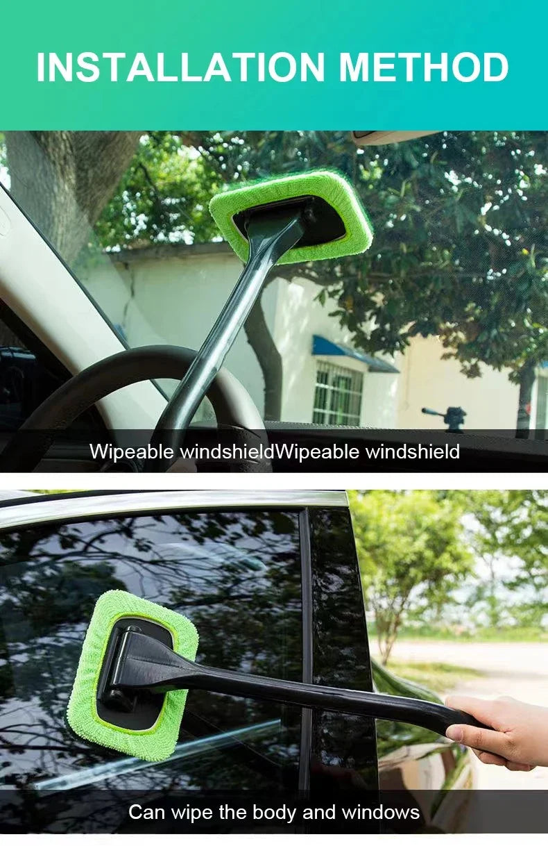 A long-handle windshield wiper tool is shown being used to clean a car window.