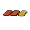 Three rectangular decals in red, orange, and yellow for car grill decoration