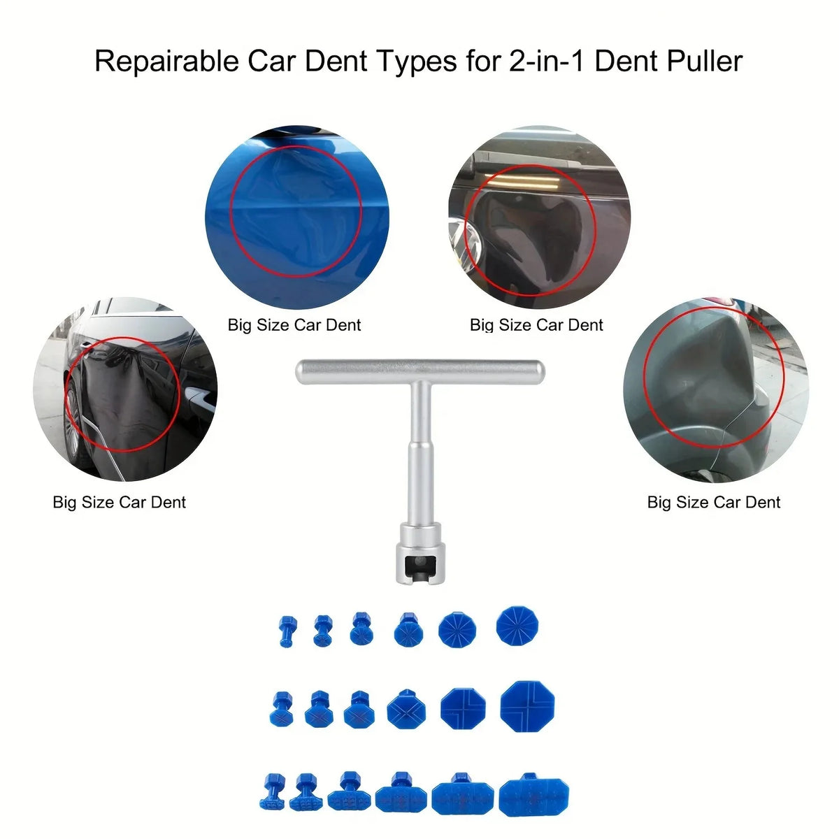 A set of various sized car dent puller tools and rods for repairing dents in a 2-in-1 tool kit