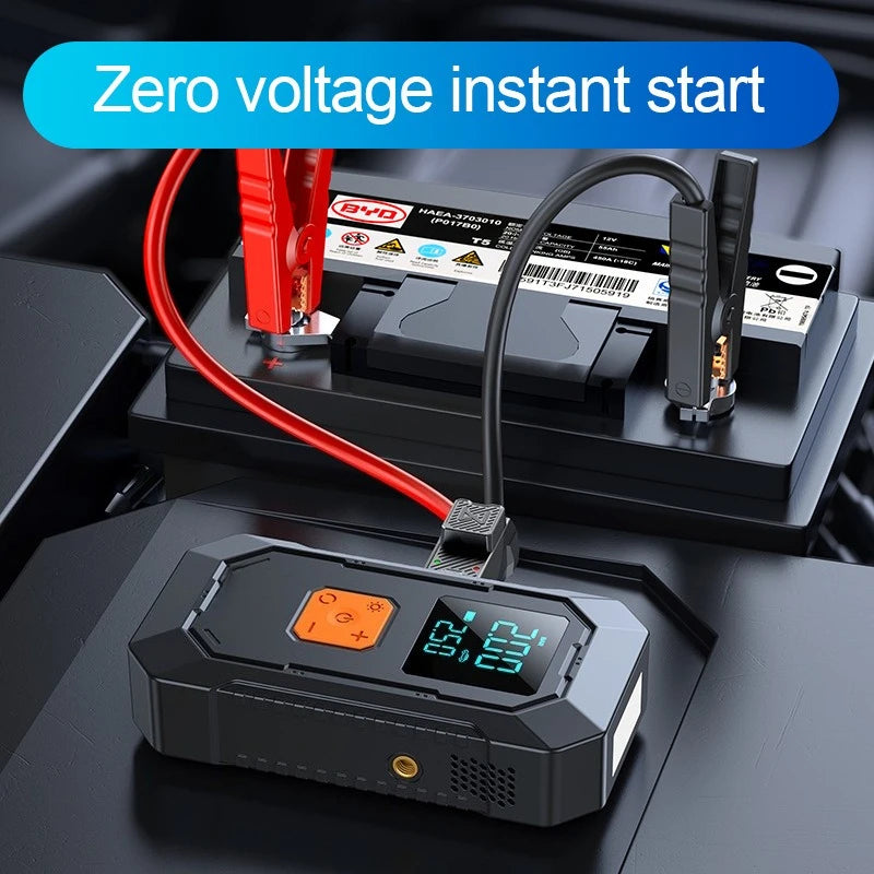 A portable car emergency air pump device with a red wire connected to a black power unit and a digital display.