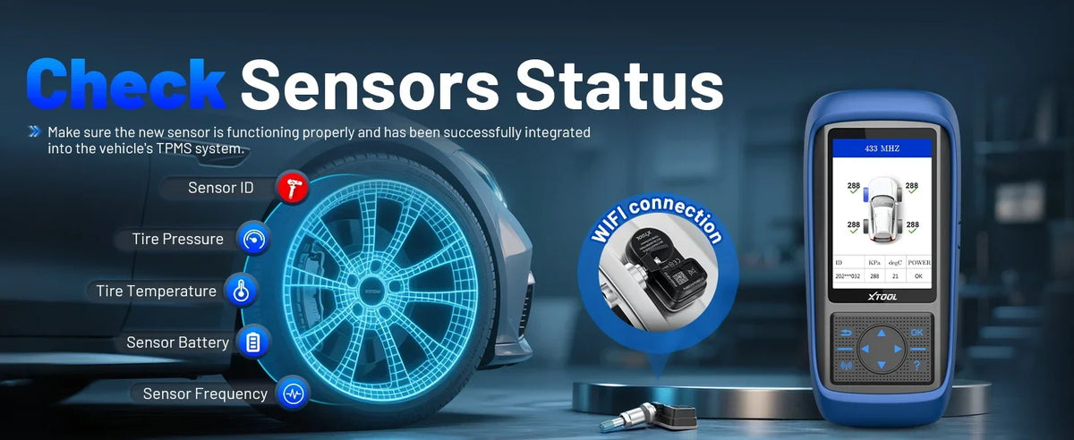 A blue professional OBD2 TPMS diagnostic scanner displaying sensor status on a vehicle wheel.
