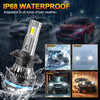 A high-power LED car headlight bulb set is shown being tested for IP68 waterproof capability against various bad weather cond