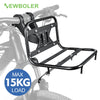 A black iron front rack for a bicycle, designed to hold a maximum load of 15kg.