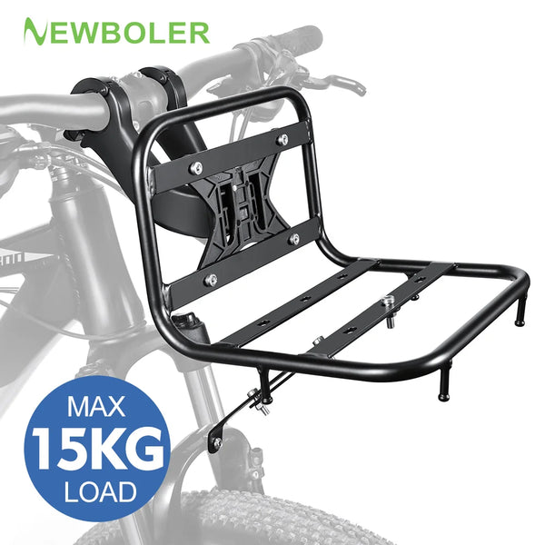 Étagère avant en fer noir pour vélo, conçue pour supporter un maximum de 15 kg.