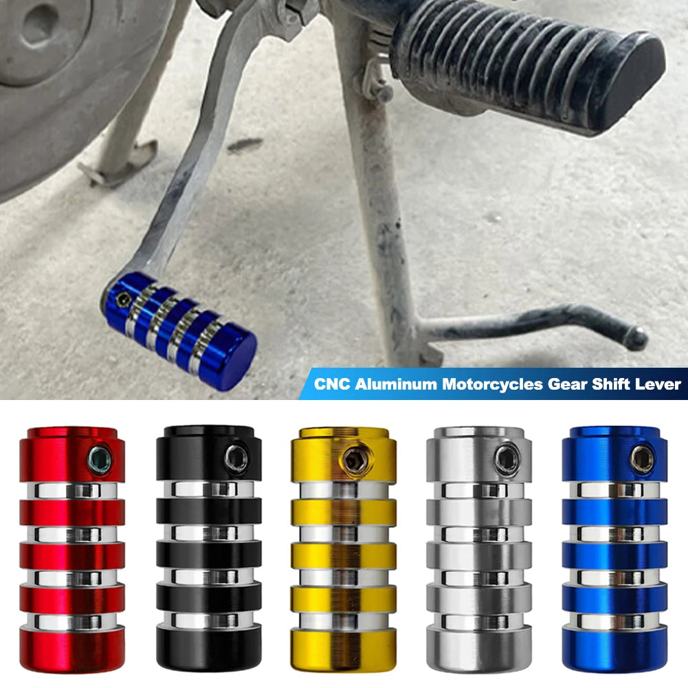 Eine Sammlung von CNC-Aluminium-Motorrad-Schalthebeln in verschiedenen Farben, darunter rot, schwarz, gelb, silber und blau.