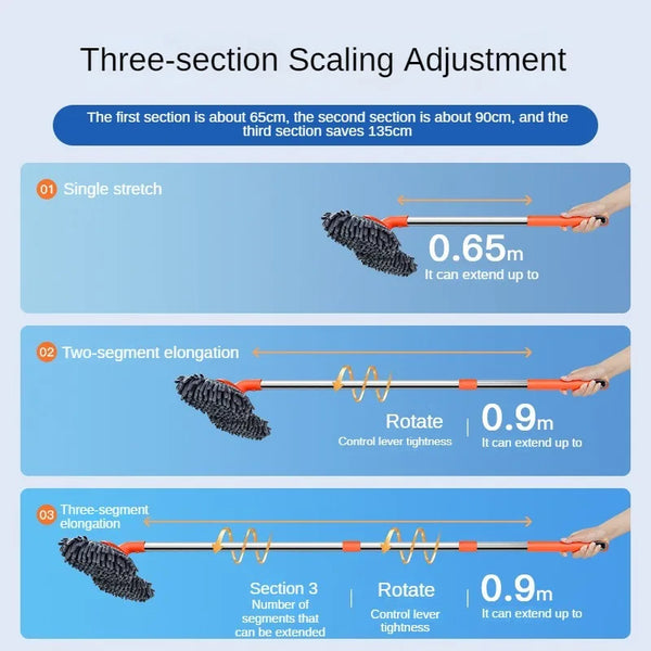 Three-section scaling adjustment for a telescopic mop set with a double brush