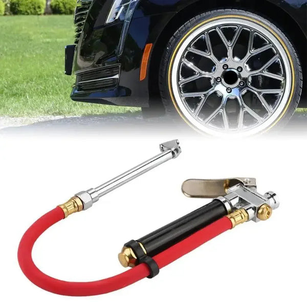 A handheld tire pressure gauge with a dual chuck inflator hose featuring a red and black hose and silver metal components.