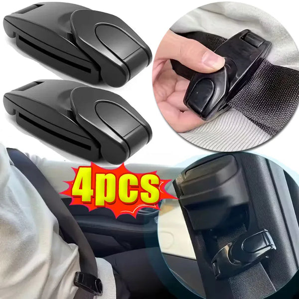 Four black comfort-adjustable seat belt clips shown in various angles and installed on a seat belt.