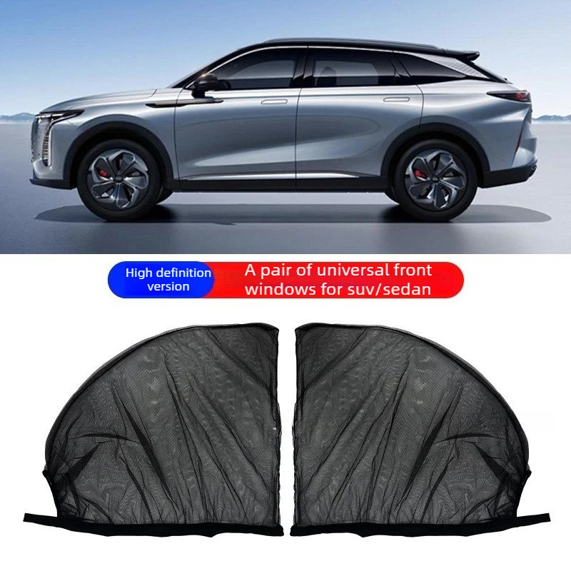 A pair of universal front windows for SUV and sedan, shown alongside the mesh sun shade.