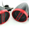 A pair of black and red motorcycle Bluetooth speaker systems with FM radio and USB connectivity.