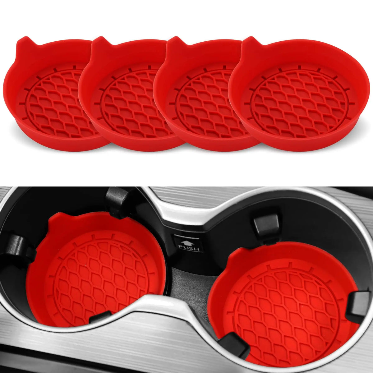 A set of four red silicone cup holder coasters shown in a close-up view inside a car cup holder.
