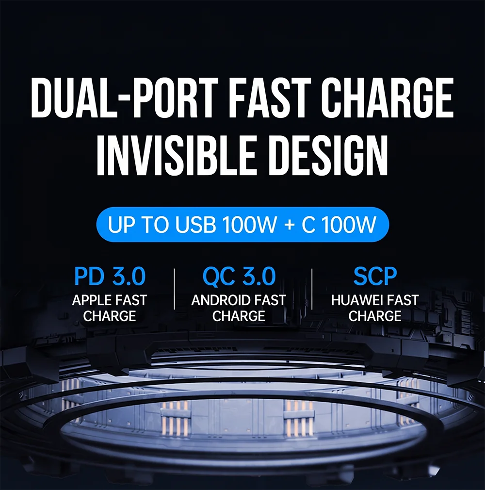 A close-up view of a dual-port fast charger with an invisible design, showing PD 3.0, QC 3.0, and SCP compatibility.