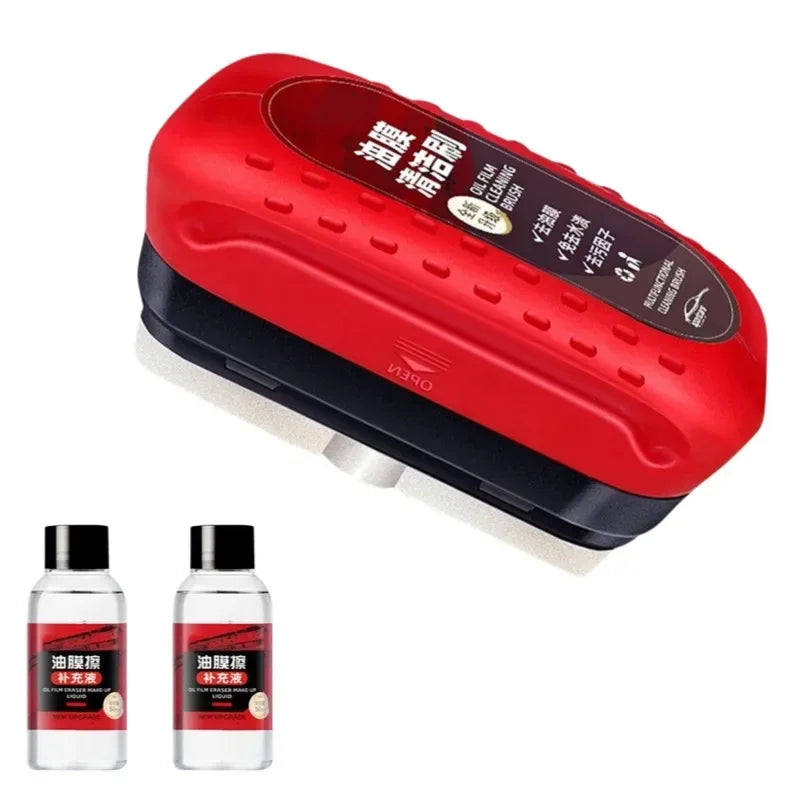 A red and black professional windshield cleaning brush set with accompanying liquid is shown.