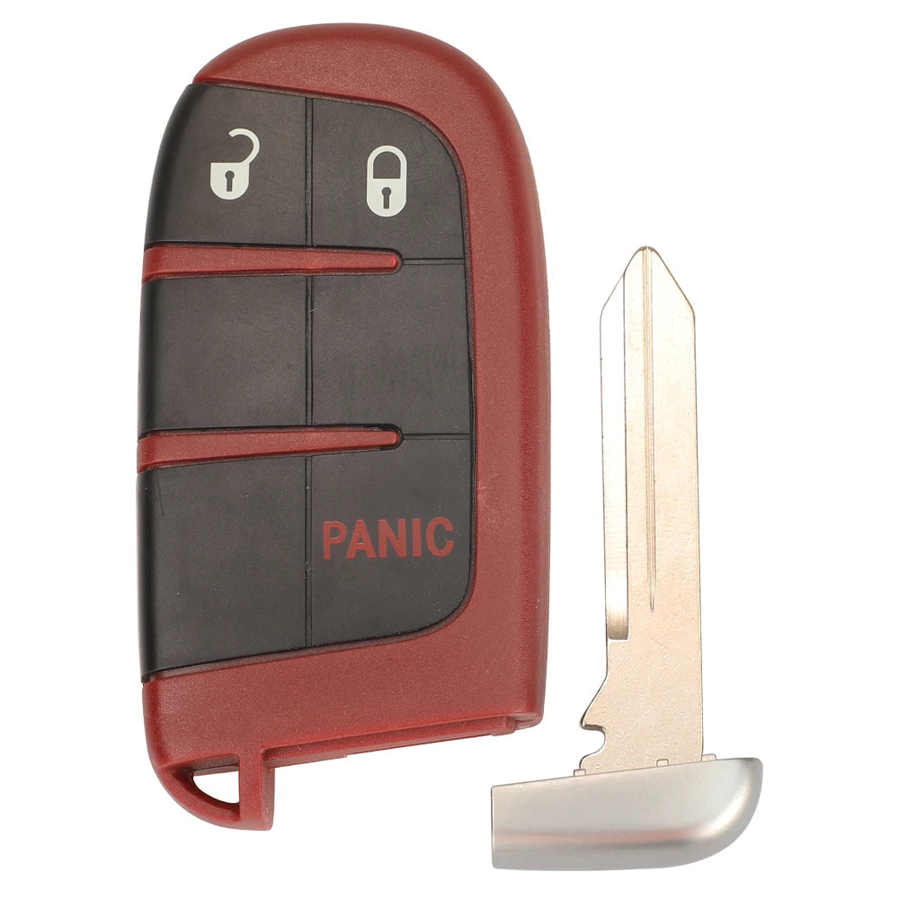 Una carcasa de llave roja con un botón de pánico y una cuchilla de llave metálica