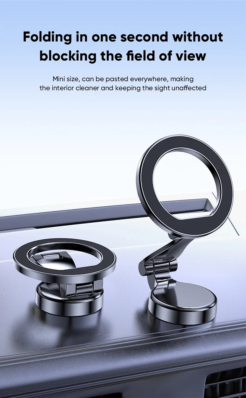 A close-up of a foldable magnetic car mount with a circular lens, demonstrating its ability to fold in one second without blo