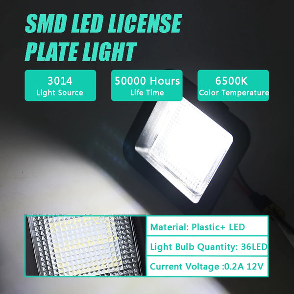 Nahaufnahme einer SMD LED Kennzeichenleuchte mit Merkmalen wie 3014 Lichtquelle, 50.000 Betriebsstunden und 650