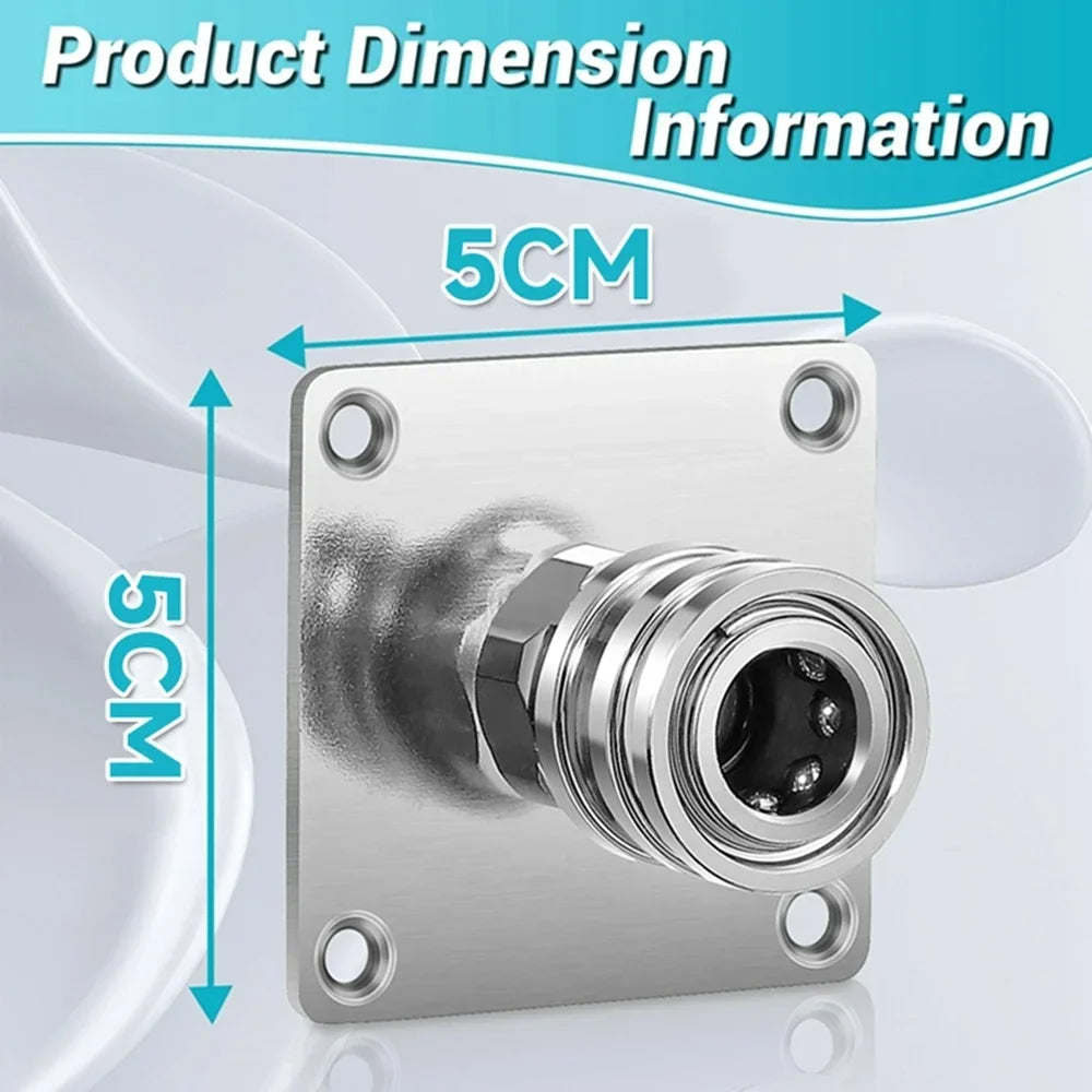 Étagère de rangement pour canon à mousse en acier inoxydable avec adaptateurs à connexion rapide et marquages dimensionnels.
