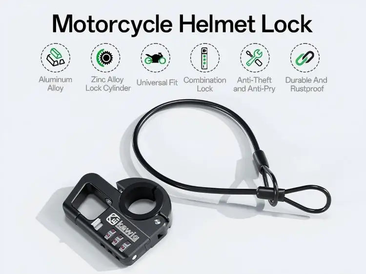A black heavy-duty anti-theft motorcycle helmet lock with a flexible cable is shown next to feature icons.