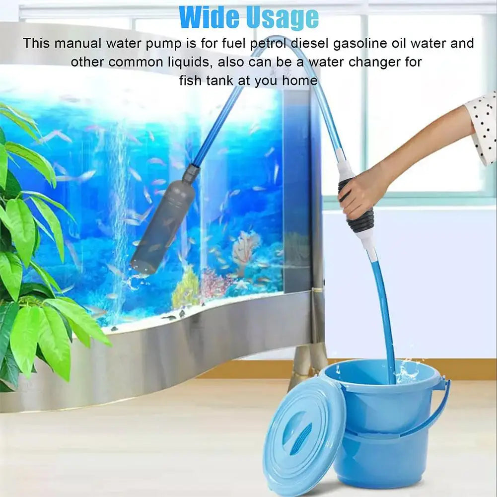 A manual liquid transfer pump is shown being used to move water into a blue bucket.