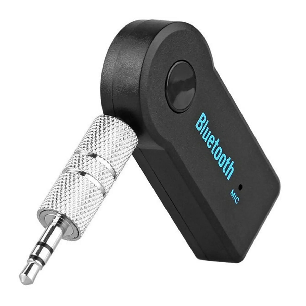 A black Bluetooth audio adapter with a microphone attachment is shown from the side.