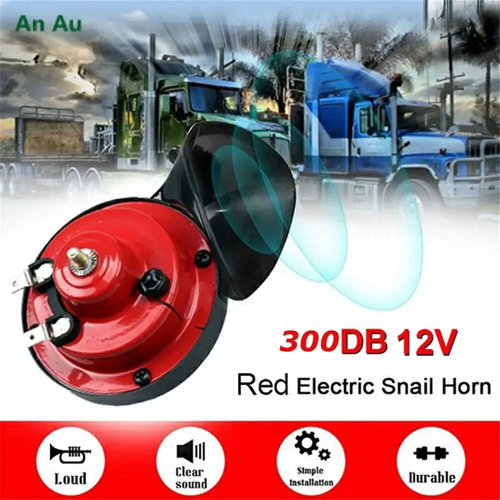 Red electric snail horn for 12V vehicles with loud sound and durable installation