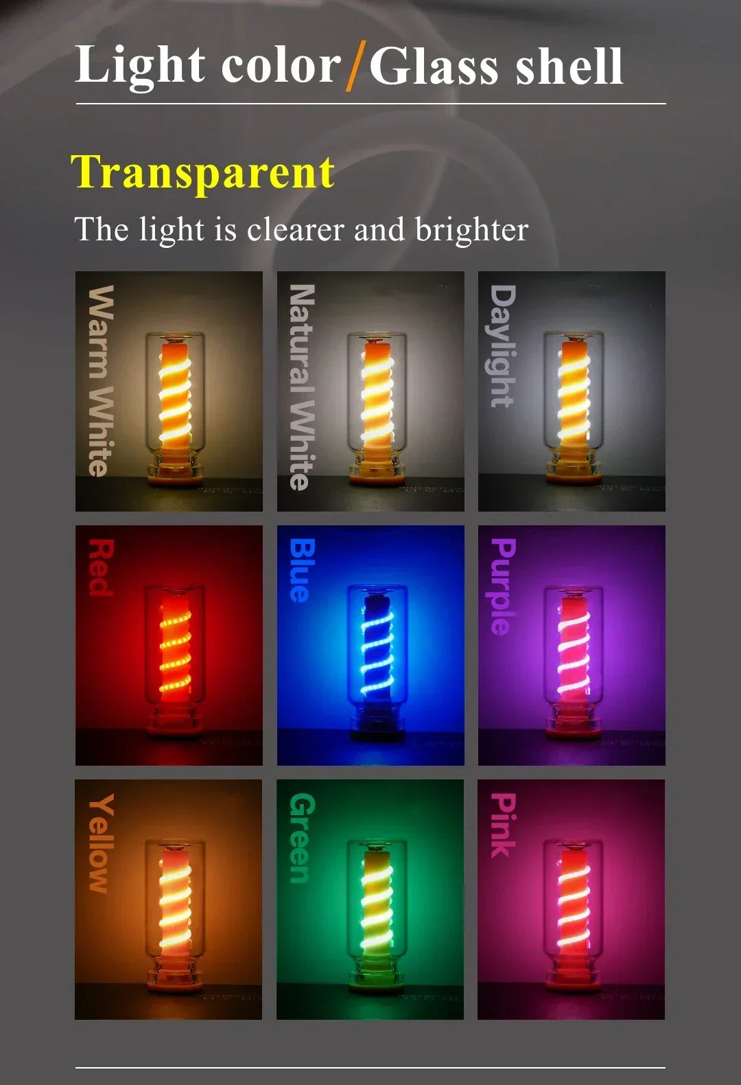 Grille montrant diverses couleurs lumineuses : transparent, blanc chaud, rouge, bleu, violet, jaune, vert et rose.