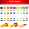 A collection of color-coded and amp marked car fuses in various colors like grey, orange, brown, red, blue, yellow, and green