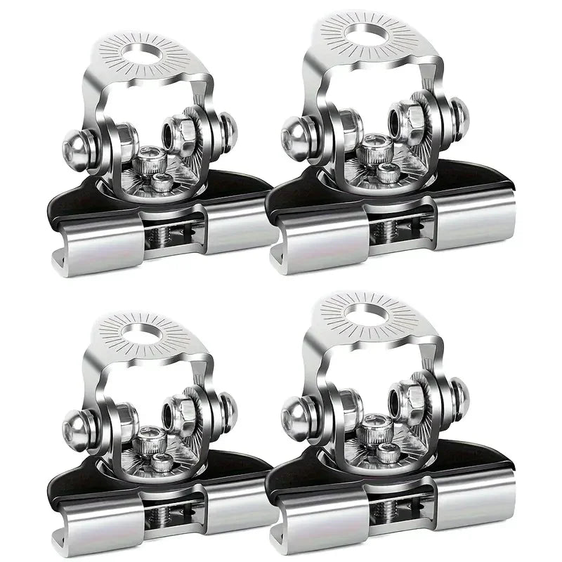 Un par de clips de montaje LED para capó de coche de acero inoxidable, mostrados desde varios ángulos.