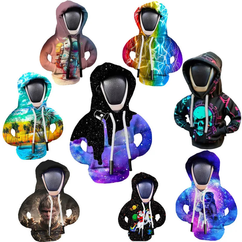 A collection of colorful knit gear shift covers for manual transmission, featuring various neon and dark patterns.