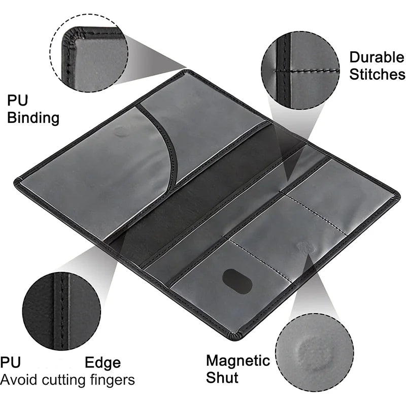 A black PU leather vehicle organizer showing various features like durable stitches, edge protection, and a magnetic shut.