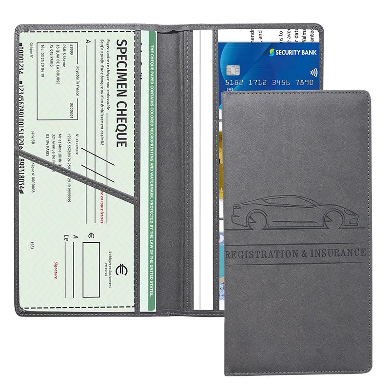 Schwarzes Leder-Kartenträger mit Prüfcheque, Bankkarte und Dokumenten.