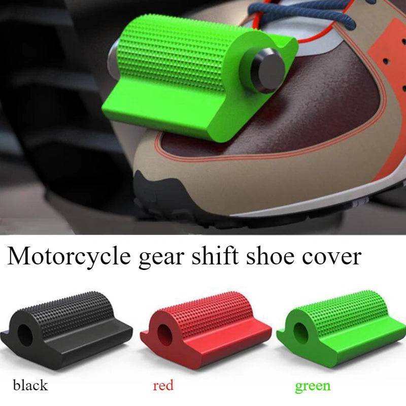 Motorcycle gear shift shoe cover in black, red, and green colors shown as levers.