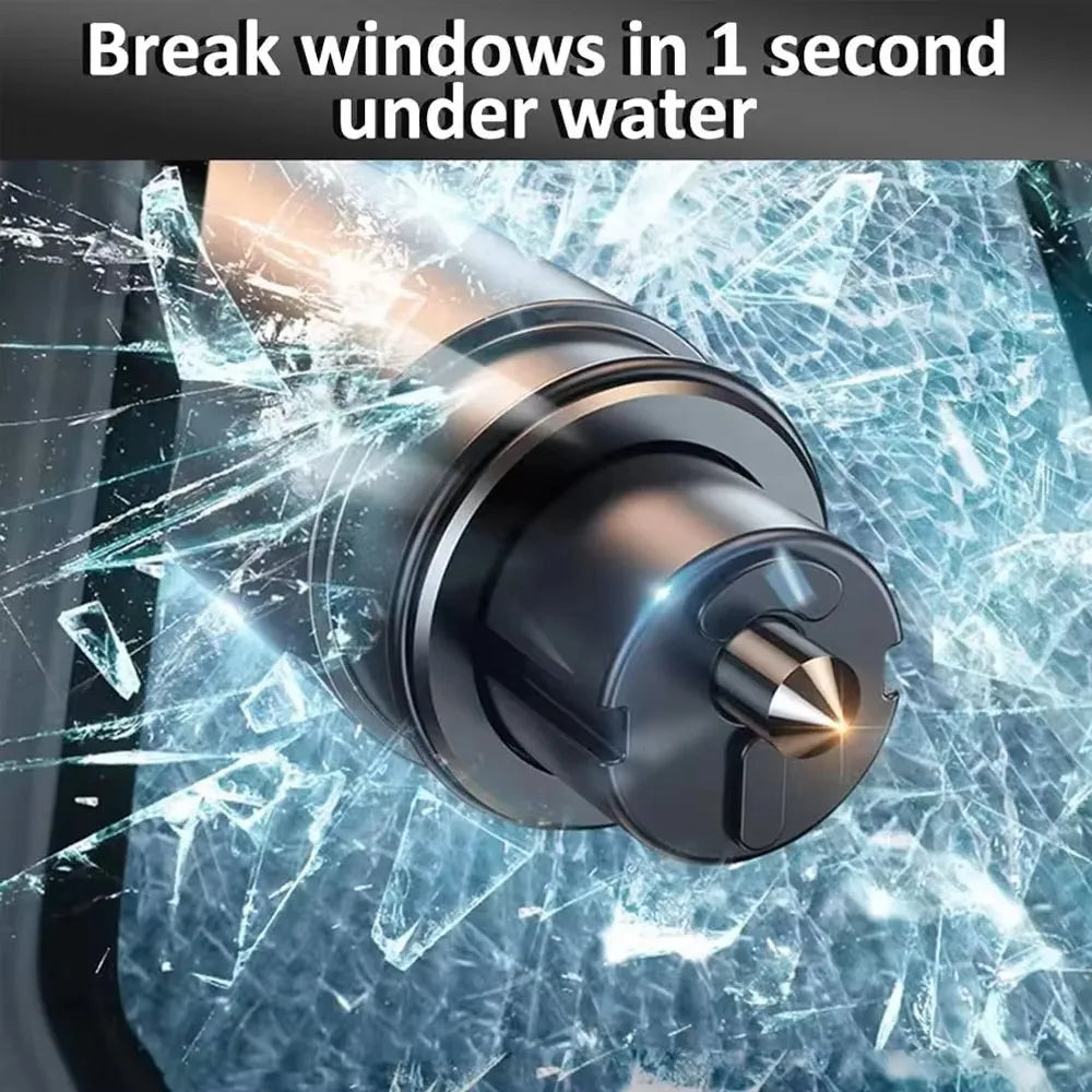 A close-up of a glass window breaker tool breaking through a window under water.