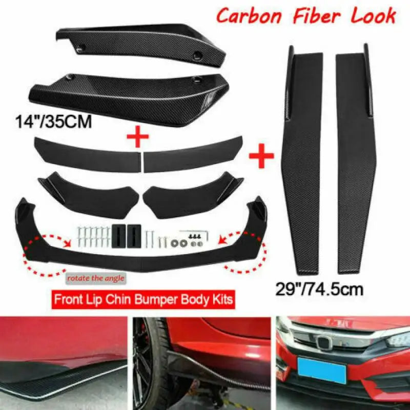 Carbon fiber look front lip chin bumper body kits with black winglets and side skirt extensions