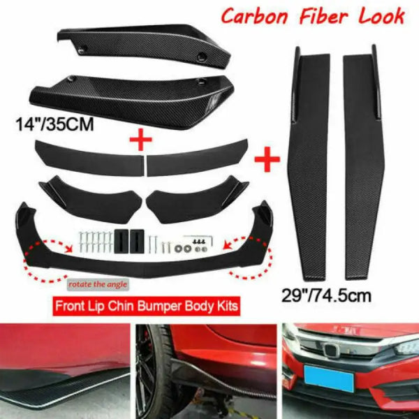 Carbon fiber look front lip chin bumper body kits with black winglets and side skirt extensions