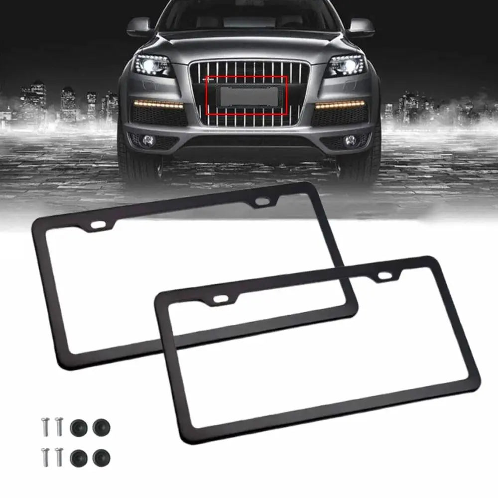 Stainless steel car license plate frame set with mounting brackets and screws