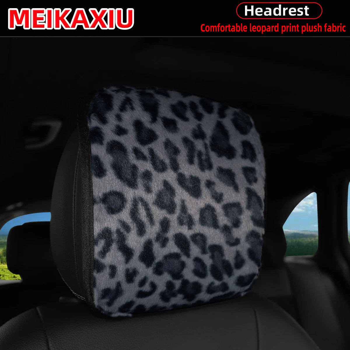 A black leopard print plush fabric headrest pillow cover placed on a car seat.