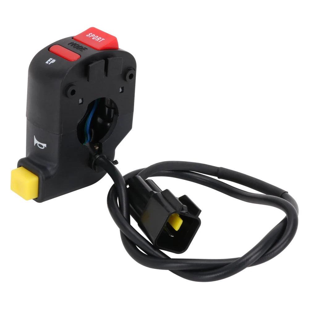 A black plug and play headlight kill switch with a red sport mode indicator and yellow connector cable.