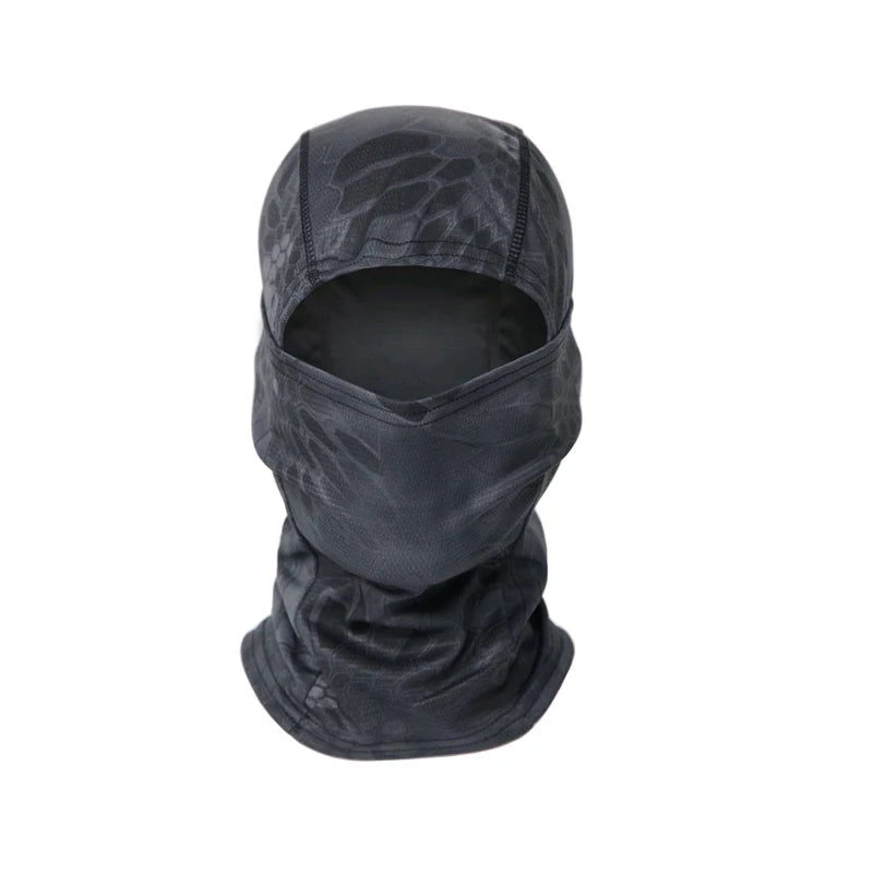 A dark gray multi-functional stretchy balaclava cap worn on a head.