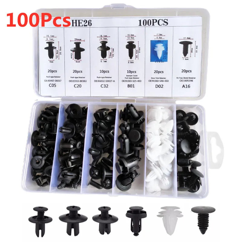Set von 100 HE26 Auto-Verbindungsklips und -halterungen für Zier- und Verkleidungsanwendungen in verschiedenen Größen.
