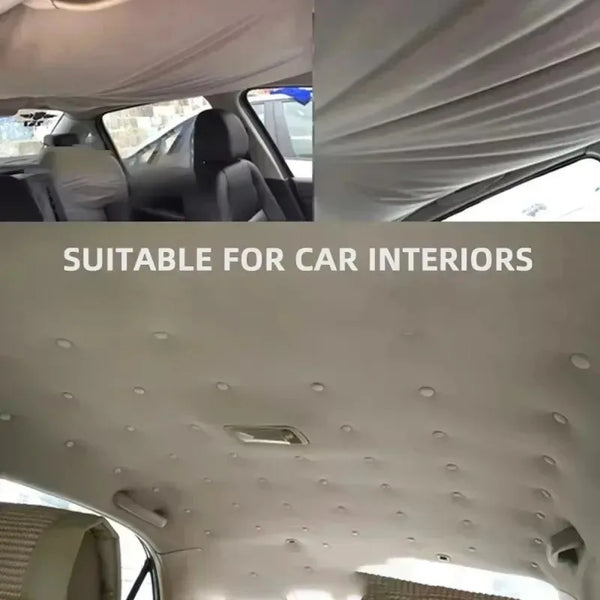 Close-up view of a car headliner repair kit showing fabric and buckles suitable for car interiors.