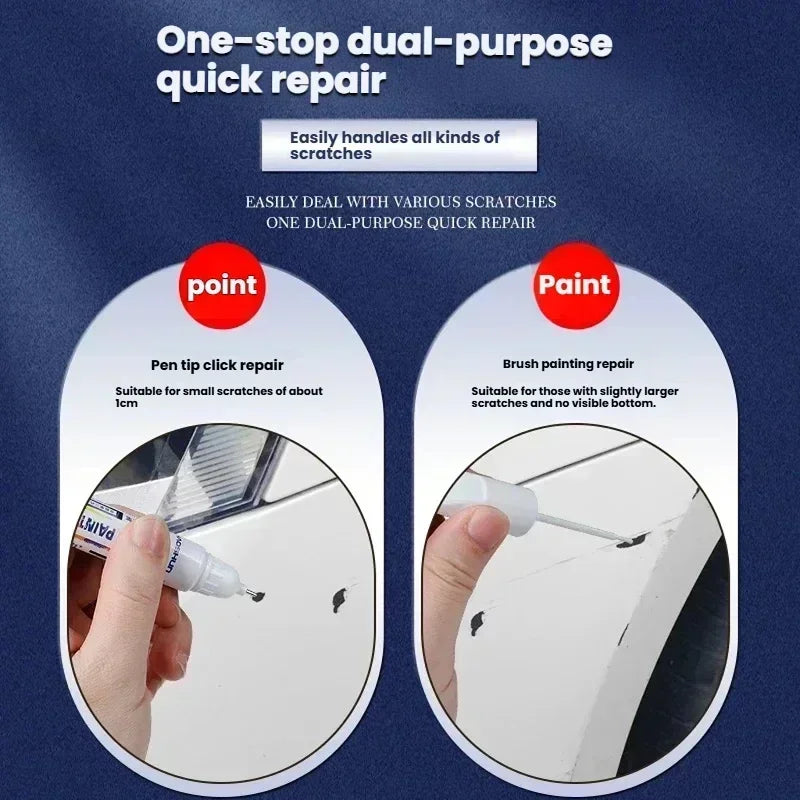 A dual-purpose paint touch-up kit showing a pen tip repair and a brush painting repair on a car surface.