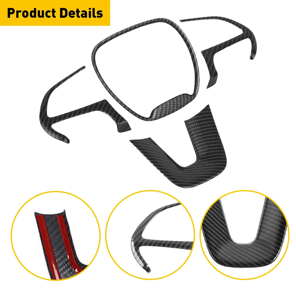 A black steering wheel trim cover for Dodge and Jeep vehicles, shown with close-up details.